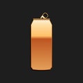 Gold Aluminum can icon isolated on black background. Long shadow style. Vector