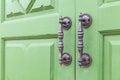 Aluminum door handle and green wood door Royalty Free Stock Photo