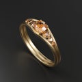 Gold amber diamond Ring isolated on black background 3D rendering