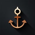 Gold Anchor icon isolated on black background. Long shadow style. Vector. Royalty Free Stock Photo