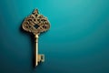 Gold Ancient Key on Blue Royalty Free Stock Photo