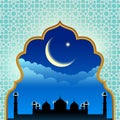 Gold arab window art and masjid at night vector design