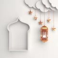 Gold arabic lantern, cloud, star, window on white background copy space text. Royalty Free Stock Photo