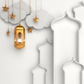 Gold arabic lantern, crescent, cloud, star, window on white background. Royalty Free Stock Photo