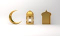 Gold arabic lantern, crescent moon, window on white background copy space text. Royalty Free Stock Photo