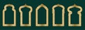 Gold arch frame shape Islamic door or window with geometric girikh pattern, silhouette Arabic arch. Luxury set in