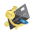 Gold Arrow And Gold Coin Or Dollar Swirl Around Black Credit Card And There Is Blue Buy Button On Front For Cash Back Promotion