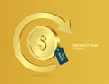 Gold arrow revolves around gold coin or dollar coin floating in midair and there is promotion tag hanging next to it