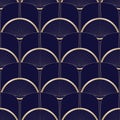 Gold Art Deco Abstract Palms on Dark Blue Vector Seamless Pattern. Abstract Egyptian Geometric Background Royalty Free Stock Photo