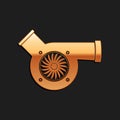 Gold Automotive turbocharger icon isolated on black background. Vehicle performance turbo. Car turbocharger. Turbo