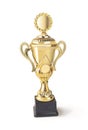 Gold award cup with a lid on a black stand on a white background. vector