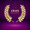 Gold award emblem with falling confetti. Laurel wreath on purple background. Icon of golden laurel branch. Rewarding the best.