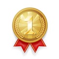 Gold award sport 1st place medal red ribbon realistic 3d vector illustration Royalty Free Stock Photo