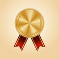 Gold award sport 1st place medal red ribbon realistic vector Royalty Free Stock Photo