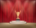 Gold award trophy on a pedestal with red curtains. vector Royalty Free Stock Photo