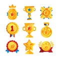 Gold awards set, various trophy and prize emblems, golden shield, medal, cup and star vector Illustrations on a white Royalty Free Stock Photo