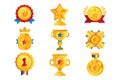 Gold awards set, various trophy and prize emblems, golden shield, medal, cup and star vector Illustrations on a white Royalty Free Stock Photo