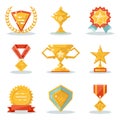 Gold Awards Win Symbols Trophy Isolated Polygonal Icons Set Flat Design