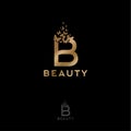 Gold B letter with flying butterflies. Beauty logo. Monochrome option.