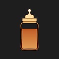 Gold Baby bottle icon isolated on black background. Feeding bottle icon. Milk bottle sign. Long shadow style. Vector Royalty Free Stock Photo