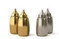 Gold baby bottle and silver baby bottle on white background 3d i Royalty Free Stock Photo