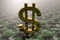 A gold backlit dollar sign stands on the surface of military camouflage