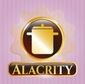 Gold badge with cooking pot icon and Alacrity text inside EPS10 Royalty Free Stock Photo