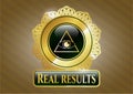 Gold badge or emblem with illuminati pyramid icon and Real results text inside