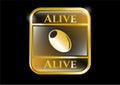 Gold badge or emblem with olive icon and Alive text inside