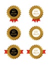 Gold badge seal quality label. Sale medal badge, best seller stamp, gold genuine emblem guarantee, best seal, blank vector set