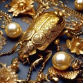 The gold bag.The golden beetle lies surrounded by jewels. Two large pearls.