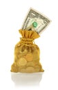 Gold Bag with Money of Coins and One Dollar Royalty Free Stock Photo