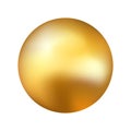 Gold ball on white backdrop. Realistic golden sphere. Yellow glossy element with reflections. Festive round object with