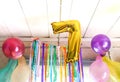 Gold balloon number 7. Child& x27;s birthdayparty decor in rural interior Royalty Free Stock Photo