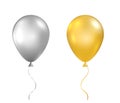 Gold balloon. Silver baloon. Anniversary celebration party design. Helium golden ballon 3d. Happy Birthday decoration Royalty Free Stock Photo