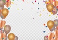 Gold balloons, confetti and streamers. Vector illustration