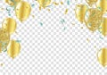 Gold balloons, confetti and streamers. Vector illustration.