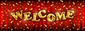 Gold balloons of Welcome for store banners, advertising, shopping. Logo, logotype, sign, symbol. text, selling, web banner header Royalty Free Stock Photo