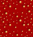 Gold balls on red background. Geometric Seamless Pattern. Texture with golden round spheres. Design Template for packaging, cards Royalty Free Stock Photo