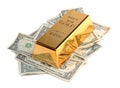 Gold bar with bank notes Royalty Free Stock Photo