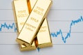 Gold bar, bullion stack on rising price graph as financial crisis or war safe haven, financial asset, investment and wealth
