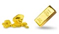 Gold bar 1kg and Group of the precious gold nugget
