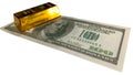 Gold bar placed on a U.S. hundred-dollar bill, representing tangible wealth and economic value Royalty Free Stock Photo