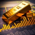 Gold bar resting on a stocks and shares graph, generative AI Royalty Free Stock Photo