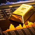 Gold bar resting on a stocks and shares graph, generative AI Royalty Free Stock Photo