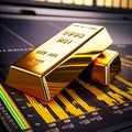Gold bar resting on a stocks and shares graph, generative AI Royalty Free Stock Photo