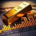 Gold bar resting on a stocks and shares graph, generative AI Royalty Free Stock Photo