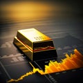 Gold bar resting on a stocks and shares graph, generative AI Royalty Free Stock Photo