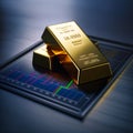 Gold bar resting on a stocks and shares graph, generative AI Royalty Free Stock Photo