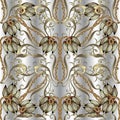 Gold Baroque 3d seamless pattern. Luxury ornamental silver floral background. Vintage golden tulips flowers ornament with Royalty Free Stock Photo